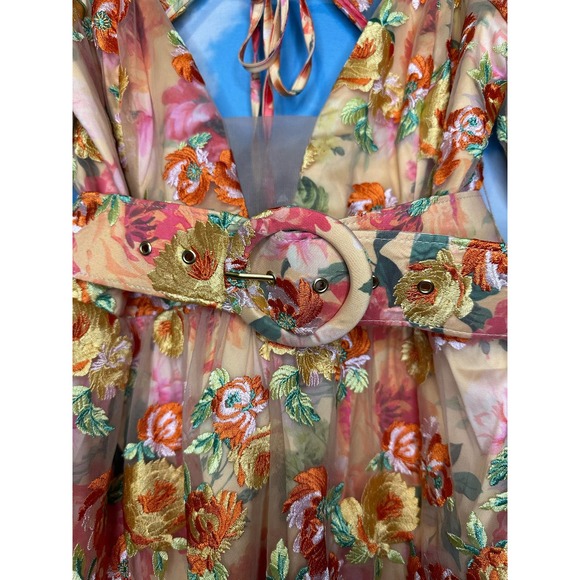 For Love & Lemons Floral Mini Dress Large Golden Yellow Plunge Short Sleeve Nwt - Picture 5 of 15